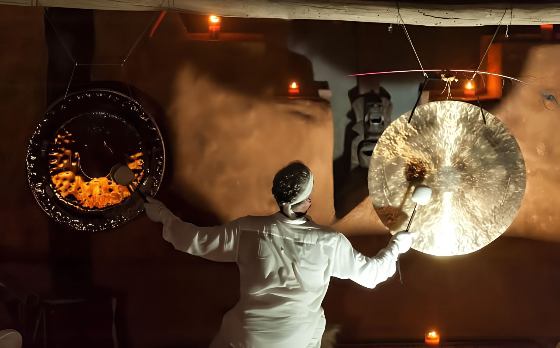 Kaly tocando gongs en penumbra con velas